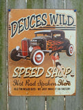 Deuces Wild Speed Shop Tin Sign Man Cave Garage Hot Rod Pin Up Girl Ford V8