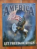 America Let Freedom Reign Tin Sign Bald Eagle American Flag USA Military POW