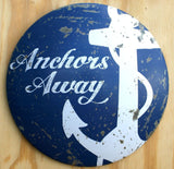 Anchors Away Round Dome Tin Metal Sign Blue Anchor Boat Ship Yacht Sailing
