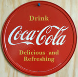 Drink Coca Cola Round Tin Metal Sign Kitchen Decor Soda Pop Classic Logo Garage