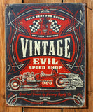 Vintage Evil Speed Shop Tin Metal Sign Hot Rod Race Car Garage Devil Pin Stripe