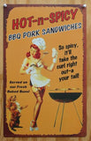 Hot N Spicy BBQ Pork Sandwiches Tin Sign Pin Up Girl Grill Cook Out Red Head