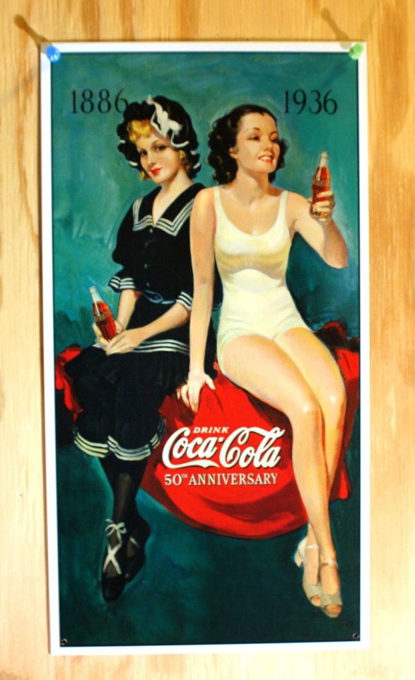 Coca Cola 50th Ann. 1886 1936 Tin Sign Pop Bottle Soda White Bathing Suit  B74