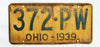 Vintage 1939 License Plate Ohio State Hot Rod Muscle Car Historical Garage 39
