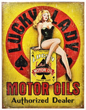 Lucky Lady Motor Oils Authorized Dealer Tin Metal Sign Garage Hot Rod Pin Up Car Show