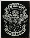 Speed Junkies Moto Club Tin Metal Sign Skull and Pistons Motorcycle Race Car Garage