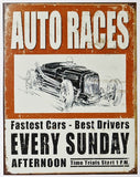 Auto Races Every Sunday Afternoon Tin Metal Sign Rat Hot Rod Drag Racing