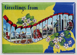 Greetings From Massachusetts Postcard FRIDGE MAGNET Boston Location